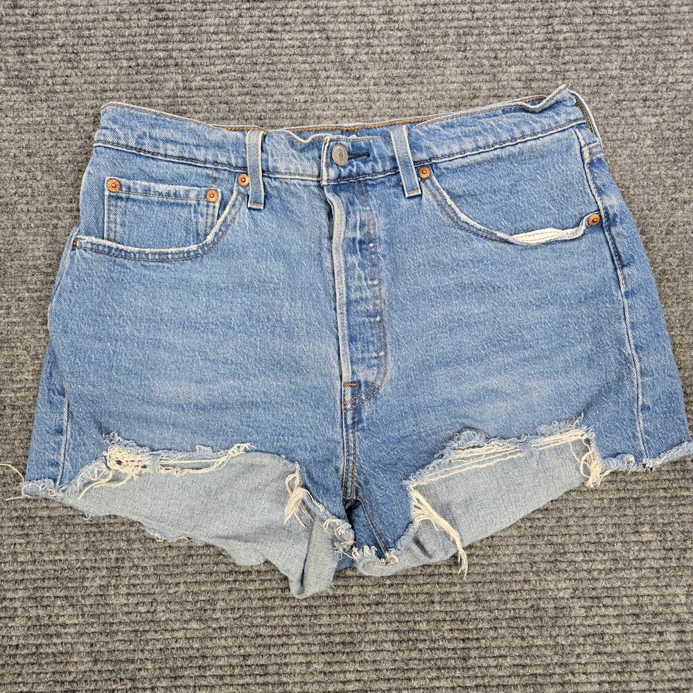 Levi's 501 Original Shorts Women's Tag 31 Blue Distressed Raw Hem Button Fly